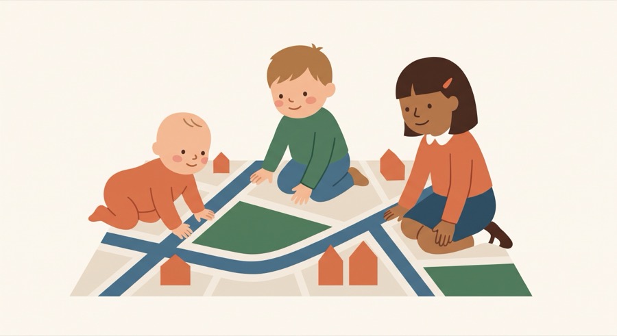 Drie kinderen — een baby, een peuter en een schoolkind — spelen op een grote plattegrond met grachten, parken en huisjes